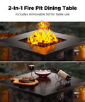 28 Inch Propane Fire Pit Table With 50000 BTU Heat Output CSA Certified Outdoor Gas Fire Pit For Patio Removable Lid And Lava Rocks Brings Cozy Glow And Vibe To Backyard Parties showing fire and dining setup