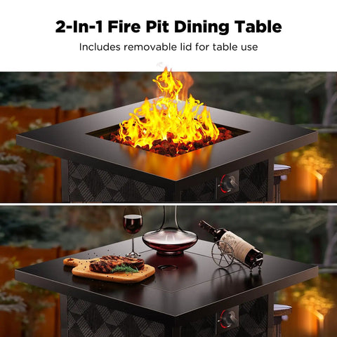 28 Inch Propane Fire Pit Table With 50000 BTU Heat Output CSA Certified Outdoor Gas Fire Pit For Patio Removable Lid And Lava Rocks Brings Cozy Glow And Vibe To Backyard Parties showing fire and dining setup