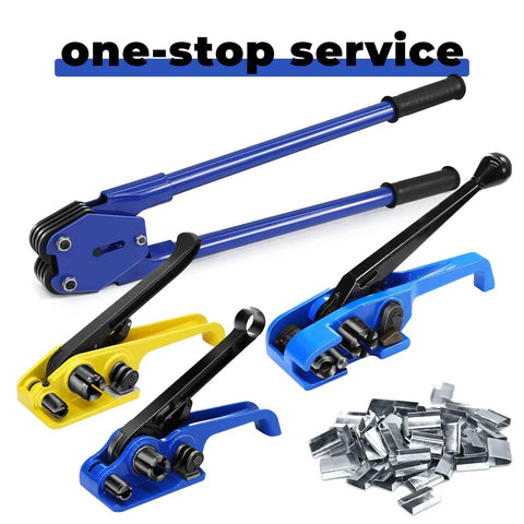 No Fuss Heavy Duty Manual Strapping Sealer Crimper for 5 8 Inch PP or PET Bands with long reach handle and tools.