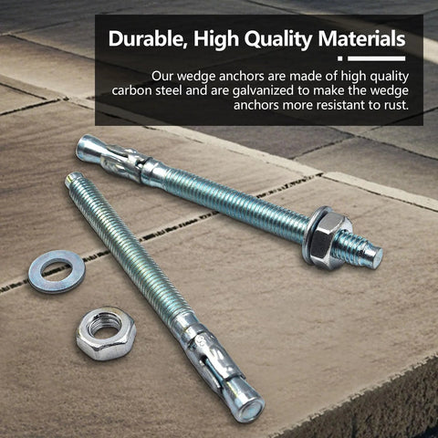 Quarter Inch By Four Inch Heavy Duty Zinc Wedge Anchors For Concrete And Masonry, Box Of 30, Standard Fasteners shown on surface