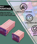 Road Ready And Hella Tough 30 Piece Auto Fuse Assortment Kit Standard Blade Setup For Cars Trucks And Suvs With Slick Color Codes that show 30 amp blade fuses in pink with easy installation.