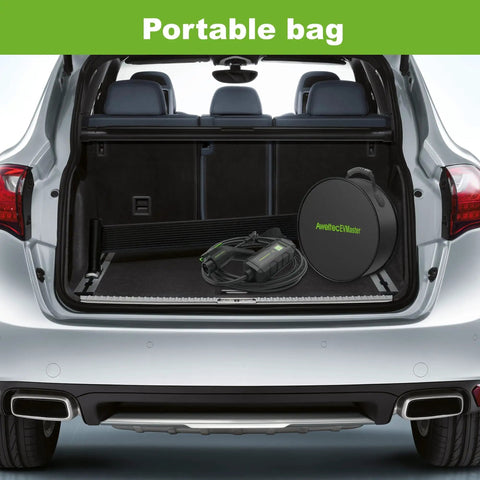 Level 2 Portable EV Charger 16A 240V With NEMA 6-20 Plug, 18 Ft Cable in car trunk with portable carrying bag