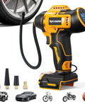 Cordless Tire Inflator With 160 PSI LCD Gauge shown inflating a car tire, includes accessories for bikes and sports balls, works with 18V/20V batteries, no battery provided