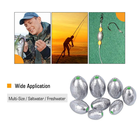 Removable Egg Lead Fishing Sinkers Set Of 20 For Saltwater Drop Shot Fishing, Oval Sinker Weights One Tenth Ounce displayed on surface