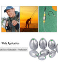 Close-up of Removable Egg Lead Sinkers For Drop Shot And Saltwater Fishing Pro Grade Oval Weights, 20-piece set on display
