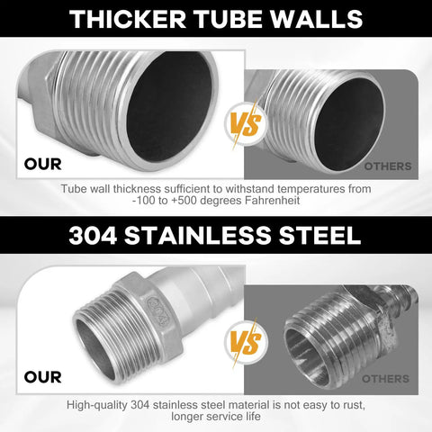 Comparison of stainless steel hose barb fitting 1 inch barb to 1 inch male NPT for water, fuel, and air with thicker tube walls