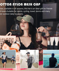 Woman wearing a cotton nylon mesh cap in a casual setting, highlighted by three smaller images showing outdoor activities.