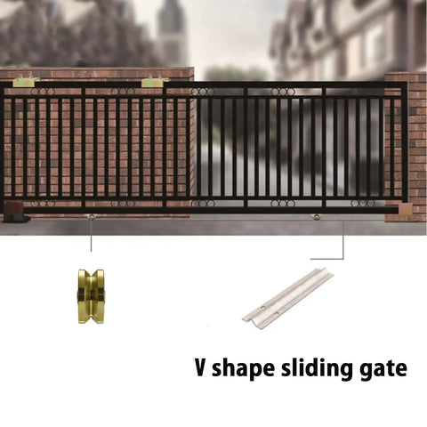 Heavy Duty 4 Inch Sliding Gate Rollers Kit With V Track Wheel And V Groove, 2500 Lb Capacity, gate and components