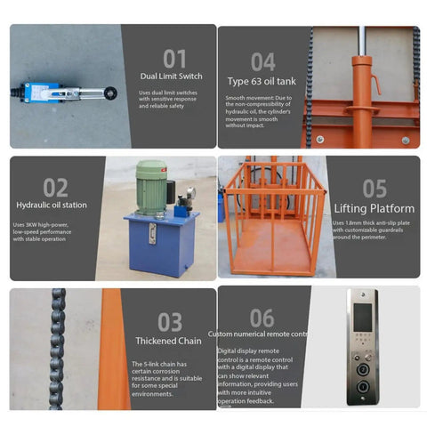 Heavy Duty Hydraulic Lift Platform For Smooth Freight Elevator Transport With Vertical Guide Rail System, showing dual limit switch, oil tank, and lifting platform details.