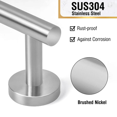 Close-up of Brushed Nickel 24 Inch Towel Bar Wall Mounted Stainless Steel Bath Rack with focus on rust-proof finish and SUS304 material.
