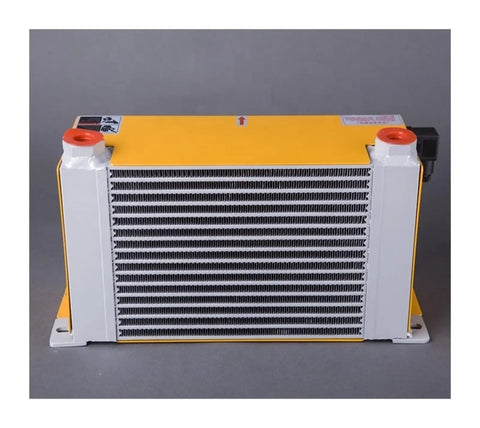 60 L/min Aluminum Hydraulic Oil Cooler Plate Heat Exchanger for small hydraulic stations, yellow and silver, front view