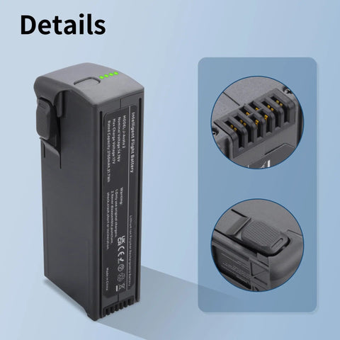 Close-up of 3 Pack Avata 2 Battery Set With 2150mAh High Capacity showing terminal details and LED indicator lights.