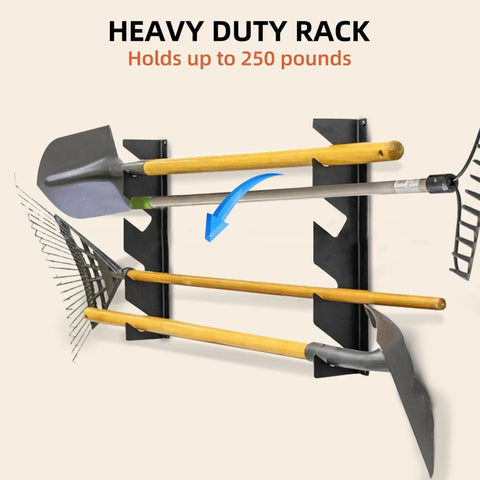 Heavy Duty Wall Mount Garage Tool Organizer Rack For No Fuss Long Handled Gear Like Shovels Rakes And Brooms, 250 Lbs Capacity