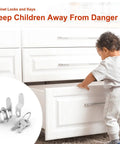 Child near open drawer with inset of Six Pack Cabinet Locks With Keys, Five Eighth Inch Cam Lock Keyed Alike, zinc alloy construction.