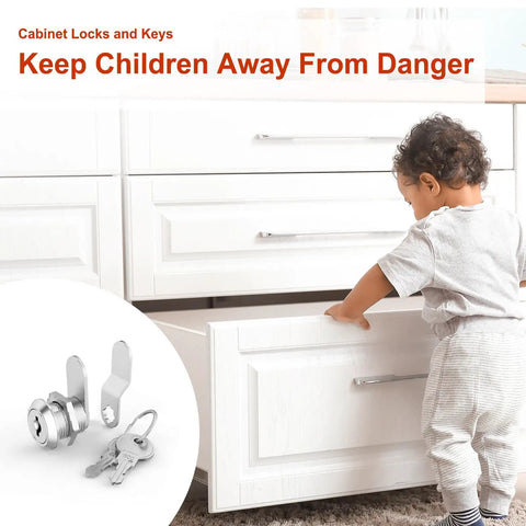 Child near open drawer with inset of Six Pack Cabinet Locks With Keys, Five Eighth Inch Cam Lock Keyed Alike, zinc alloy construction.