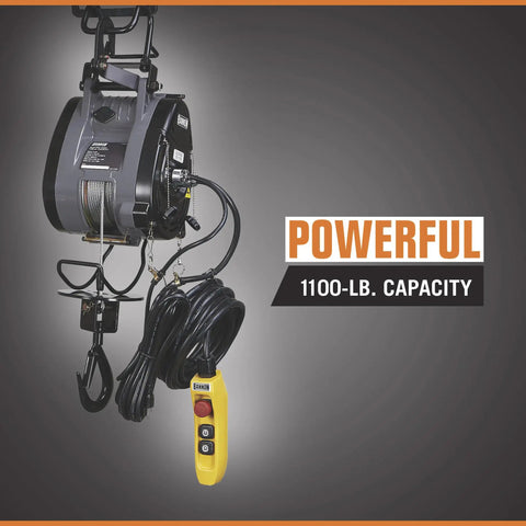 Bannon Compact Electric Cable Hoist 1100 Lb Capacity 95ft Lift with control pendant and galvanized rope attached.