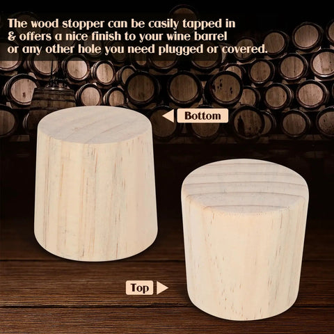Two pine wood Six Pack 2 Inch Wine Barrel Cork Plugs Tapered Whiskey Bourbon Barrel Bung Stoppers displayed with top and bottom views.