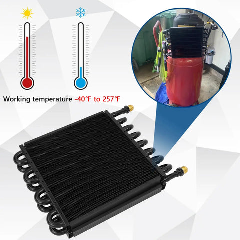 16 Pass Universal Transmission Oil Cooler Kit with aluminum alloy black finish, tube and fin design, 8AN fittings for automotive use.