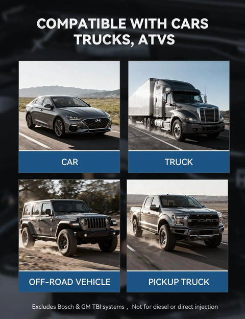 AUTOWN fuel pressure tester kit collage showing four vehicle types: car, truck, off-road vehicle, pickup truck with blue labels