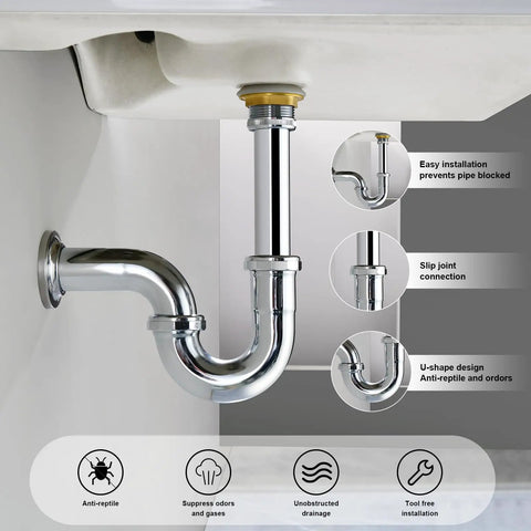 Brass P-Trap Sink Waste Kit For Basin With Reducing Washer 1-1/2 Inch Inlet 22 Gauge Chrome Plated Slip Joint Easy Install No Tools Needed