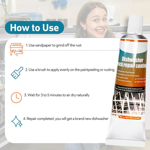 Instructions for using White Dishwasher Rack Repair Kit 1.7oz Coating With Rust Touch Up Paint.