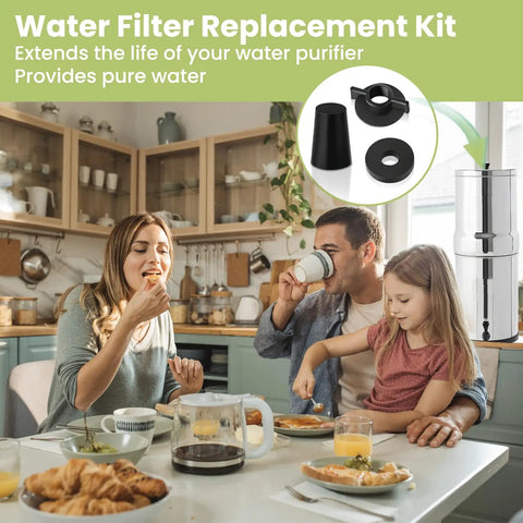Family enjoying breakfast with All In One Replacement Kit For Gravity Water Filter System Elements Compatible With Berkey Black Activated Carbon Filters