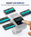 2D Bluetooth Ring Barcode Scanner with screen for left or right hand, showing smart LCD display and settings interface