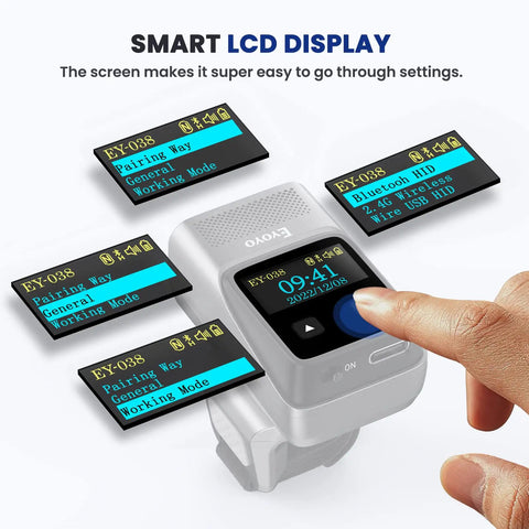 2D Bluetooth Ring Barcode Scanner with screen for left or right hand, showing smart LCD display and settings interface