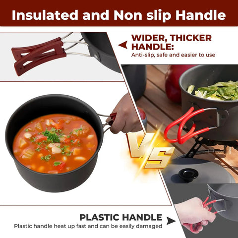 Lightweight Backpacking Camping Cookware Set For Two To Four People with insulated and non-slip handle features.