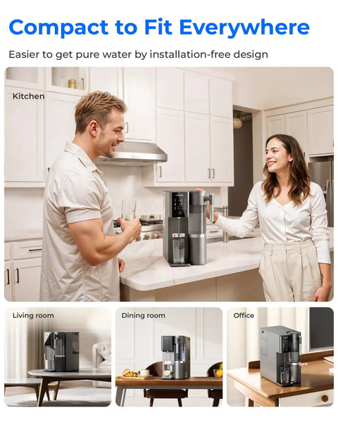 Couple using Mineral Rich A2G Countertop Reverse Osmosis System With Hot And Cold Water On Tap in kitchen.