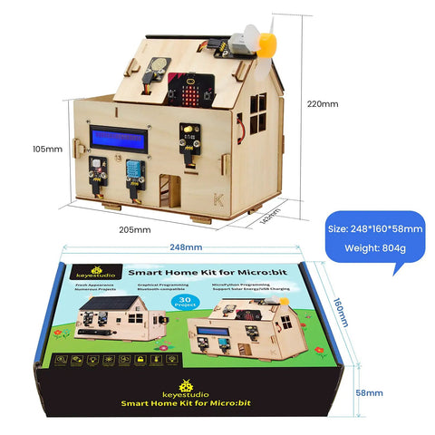 Microbit Smart Home Starter Kit for STEM Coding Projects Age 15 Plus Build an Intelligent Home With Automated Lighting Environmental Monitoring Security Alerts and Smart Fan Control A Fun Hands On Project That Turns Coding Into Real World Innovation, 248x160x58mm box and wooden house