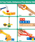 90 Piece Wooden Toddler Tool Set With Box For Kids Ages 3 To 5, FSC Certified Wood, Tons Of Accessories And Flash Cards To Spark Imagination, Easy Build Toys For Little Builders, Realistic Kid Sized Tools showing toy hammer, saw, screwdriver, ruler, spanner, plier