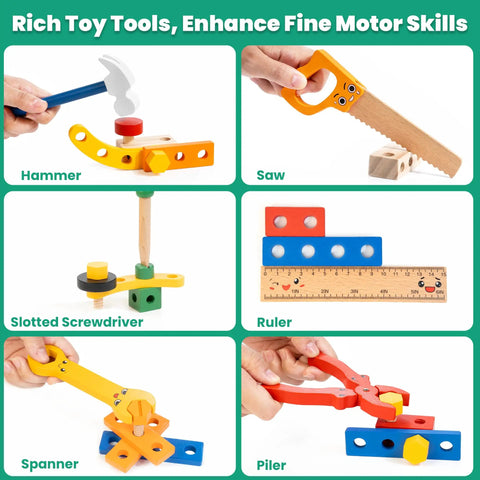 90 Piece Wooden Toddler Tool Set With Box For Kids Ages 3 To 5, FSC Certified Wood, Tons Of Accessories And Flash Cards To Spark Imagination, Easy Build Toys For Little Builders, Realistic Kid Sized Tools showing toy hammer, saw, screwdriver, ruler, spanner, plier