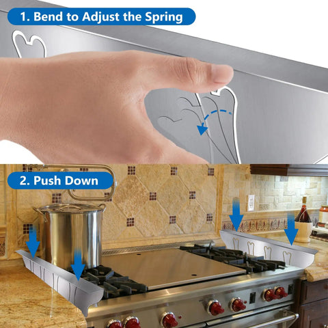 Hand adjusting Stainless Steel Stove Gap Covers 2 Pack for Kitchen Counter Gaps, showing installation on stovetop.
