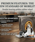 Heavy Duty Rock Solid Rubber Caster Wheels Set Of 4 For Home Furniture And Storage Carts 600 Lbs Max Capacity Rolls Like Butter With Dual Lock Brakes And Zero Friction Resistance, close-up of golden rubber wheel with sealed bearings.