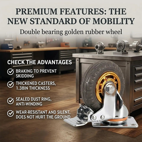 Heavy Duty Rock Solid Rubber Caster Wheels Set Of 4 For Home Furniture And Storage Carts 600 Lbs Max Capacity Rolls Like Butter With Dual Lock Brakes And Zero Friction Resistance, close-up of golden rubber wheel with sealed bearings.