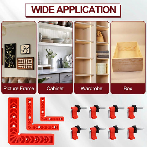 Hella Sturdy 90 Degree Corner Clamp Set 12 Piece Woodworking Kit Includes 3 4 And 6 Inch Framing Squares Durable Plastic Construction for cabinet and box assembly.