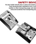 304 Stainless Steel RV Door Latch And Camper Door Holder For Travel Trailers Cargo Campers Black Finish Durable And Easy To Install No Hassle For Smooth Access On Every Camping Trip, shown disassembled with safety note.