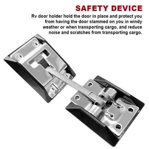 304 Stainless Steel RV Door Latch And Camper Door Holder For Travel Trailers Cargo Campers Black Finish Durable And Easy To Install No Hassle For Smooth Access On Every Camping Trip, shown disassembled with safety note.
