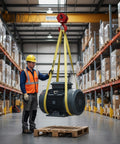 Worker using Heavy Duty Flat Eye To Eye Polyester Web Sling 1 Inch Wide By 2 Foot Long For Lifting And Rigging in warehouse