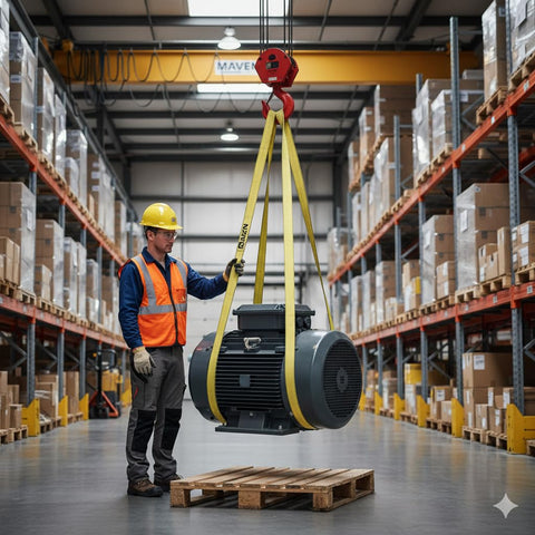 Worker using Heavy Duty Flat Eye To Eye Polyester Web Sling 1 Inch Wide By 2 Foot Long For Lifting And Rigging in warehouse
