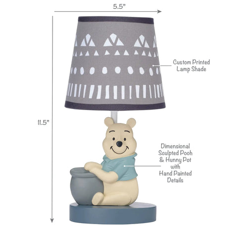 Pooh Themed Lamp With Shade And Bulb For Kids Room, Winnie The Pooh Night Light With Honey Pot, Geometric Shade, 11.5 Inches Tall