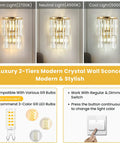 Luxury 2-Tiers Modern Crystal Wall Sconce with three light settings: warm, neutral, cool, shown with G9 bulb and dimmer switch.