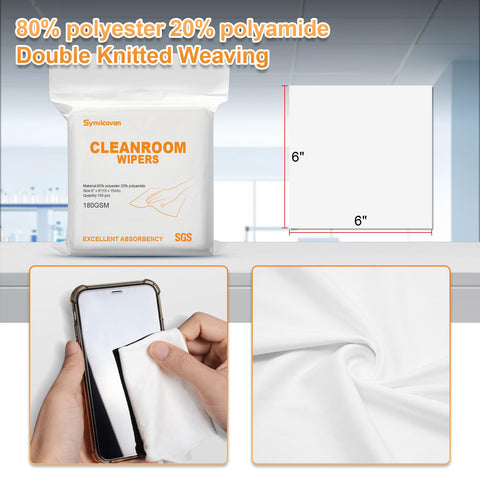 Ultra Absorbent Microfiber Wipes 6x6 Inches, demonstrating high absorbency on phone and texture detail, 100 Pcs No Lint Cleaning
