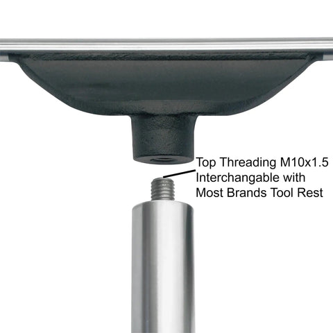 Top Shelf Heavy Duty Wood Lathe Tool Rest With Six Inch Hardened Steel Bearing Bar shows top threading and interchangeability features.