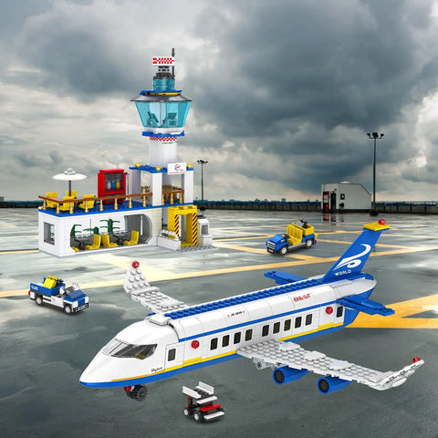 Six In One City Airport Airplane Building Set With 886 Pieces For STEM Learning, Realistic Terminal, Shuttle Bus, Accessories