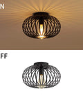 Industrial Black Metal Cage Ceiling Light Fixture For Hallways Living Rooms And Kitchens Semi Flush Mount Modern Farmhouse Style With Durable Piano Paint Finish And Easy Installation, shown lit and unlit