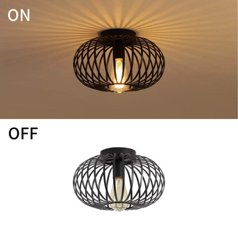 Industrial Black Metal Cage Ceiling Light Fixture For Hallways Living Rooms And Kitchens Semi Flush Mount Modern Farmhouse Style With Durable Piano Paint Finish And Easy Installation, shown lit and unlit