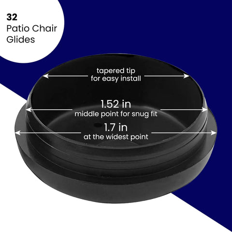 Patio Chair Feet Caps 1.5 Inch Black 32 Pack UV Resistant Plastic Furniture Leg Caps showing taper and fit dimensions