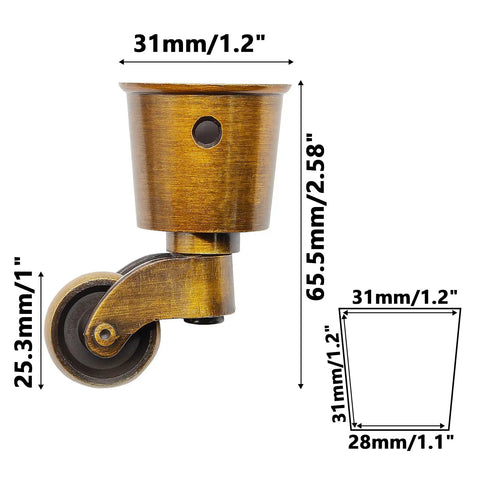 Antique Brass Caster Cups Set, Vintage Swivel Round Zinc Alloy Furniture Casters For Chair Table Shelf, 65.5mm 2.58in Wheels